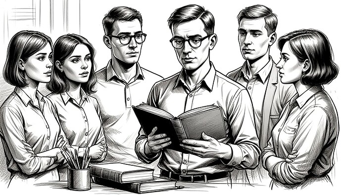 In un'illustrazione in bianco e nero, un gruppo di scienziati e ricercatori osserva attentamente un antico libro, concentrati sul suo contenuto. (Didascalia generata dall'AI)