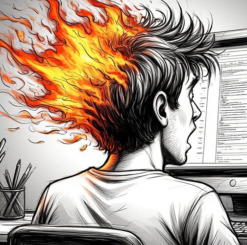 Un giovane uomo seduto davanti a un computer, che sembra bruciare per lo stress o l'irritazione, come si vede dal fuoco vivido che esce dai suoi capelli. (Didascalia dell'immagine generata dall'AI)