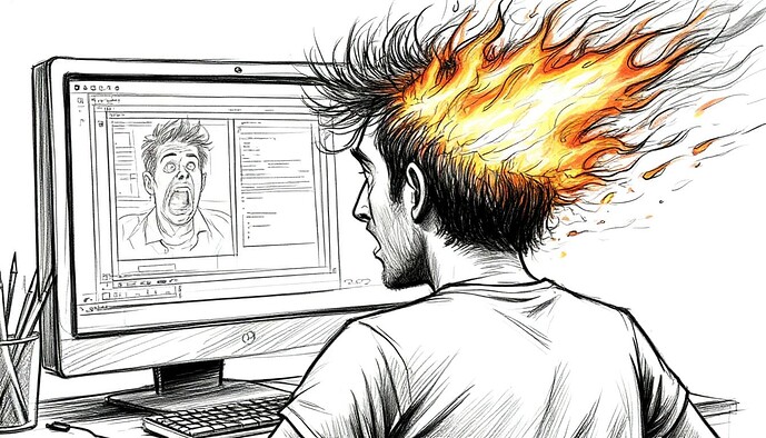 Homme enflammé de colère et de déception, regardant l’écran d’un ordinateur affichant une image d’un homme criant. (Signature de l’image générée par IA)