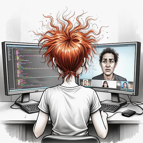 Verwirrte, müde Programmiererin mit zerzausten Haaren blickt besorgt auf den Computerbildschirm, auf dem ein besorgter Gesprächspartner angezeigt wird. (Bildunterschrift von AI)