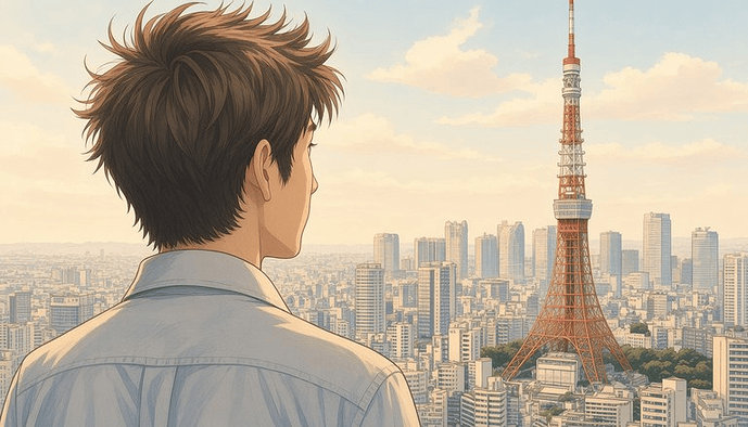 A young man looking at a panoramic view of Tokyo from a tower with the Tokyo Tower visible in the background (AI-generated image caption)