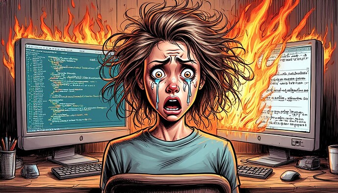 Una donna spaventata piange e guarda con terrore un computer in fiamme, simbolo di codice rotto. (Didascalia dell'immagine generata dall'AI)