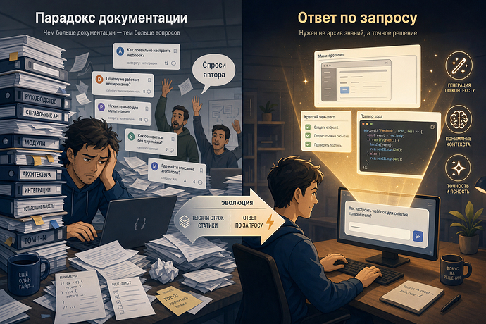 L'immagine illustra la transizione da una documentazione sovraccarica che causa confusione a una soluzione efficiente attraverso richieste e supporto contestuale. (Didascalia dell'immagine generata dall'AI)