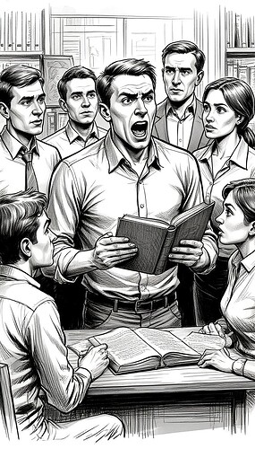 Groupe de personnes dans une bibliothèque, avec des expressions d'extrême surprise et de choc, regardant un livre ouvert. (Signature de l'image générée par IA) | 285x500