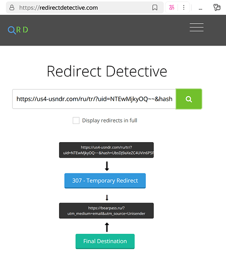 Sur l’écran d’une page web du service Redirect Detective, les informations sur la redirection du URL sont affichées, montrant une redirection temporaire et la destination finale. (Signature de l’image générée par IA)
