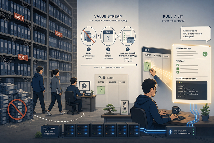 Illustrazione che mostra il concetto di creazione di valore nelle metodologie Agile e Lean, dove i dipendenti lavorano in ufficio con sistemi di gestione del flusso, mentre sullo sfondo ci sono archivi intricati contrassegnati come «scarti». (Didascalia dell'immagine generata dall'AI)