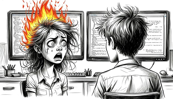 Uma mulher com fogo ardendo na cabeça, simbolizando falha técnica ou fracasso no trabalho. (Legenda gerada por IA)