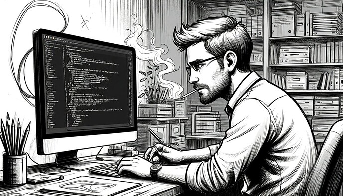 白黒の画像で、プログラマーがコンピュータの後ろに集中して座り、手にはタバコを持ち、本棚に囲まれています。(画像のキャプションは AI による)