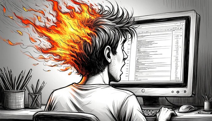 L'immagine mostra una persona la cui testa brucia di fuoco, seduta davanti a un computer e probabilmente che lavora fino a esaurimento. (Didascalia dell'immagine generata dall'AI)