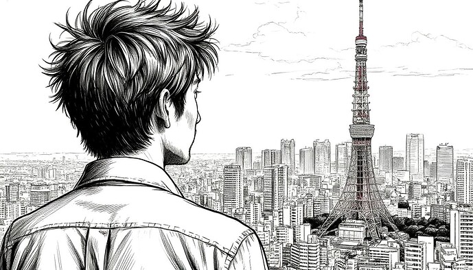 一位年轻人凝视着从东京塔观景台俯瞰的东京全景。(图片说明由AI生成)