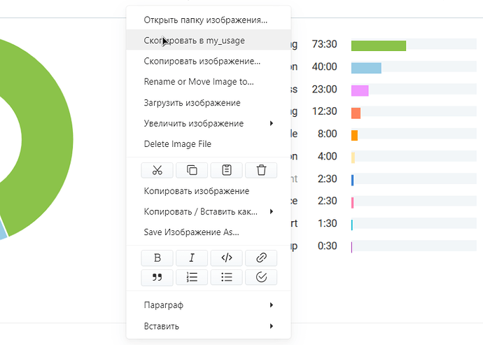 Menu contextuel de l'interface web, où l'option « Copier dans my_usage » est mise en évidence, avec en arrière-plan un graphique à barres colorées. ( légende générée par IA ) | 690x493