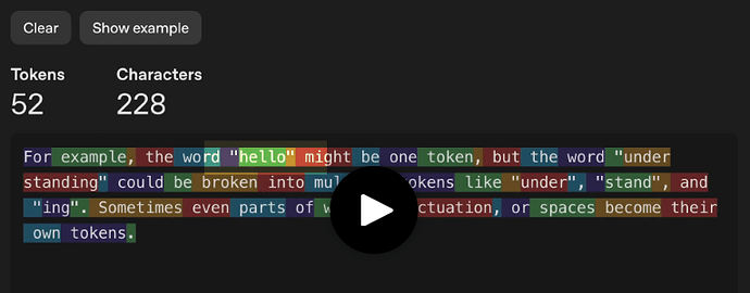 Das Bild zeigt eine Benutzeroberfläche mit einem Beispiel für die Aufteilung von Text in Tokens, bei der Wörter und sogar Teile von Wörtern als separate Tokens gezählt werden können, und in der Mitte befindet sich ein Wiedergabesymbol. (Bildunterschrift von AI)