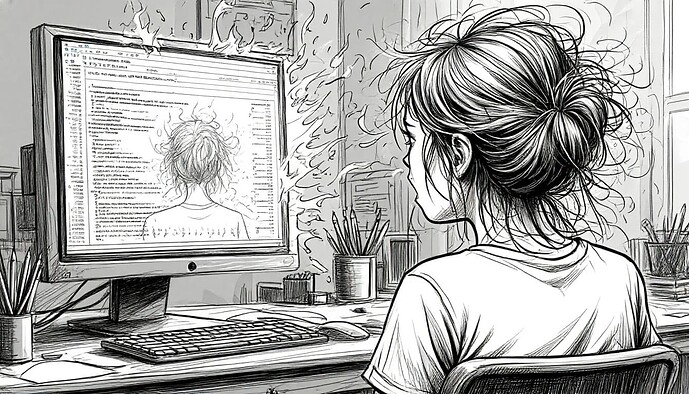 Auf dem Bildschirm ist eine brennende Kopf-Illustration zu sehen, die Stress und Überanstrengung symbolisiert, während eine junge Frau davor sitzt und erschöpft und deprimiert wirkt. (Bildunterschrift von AI)