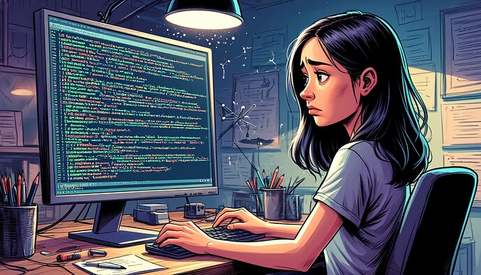Una ragazza programmista stanchissima, che lavora fino a tardi su un codice complesso, appare preoccupata e esausta. (Didascalia dell'immagine generata dall'AI)
