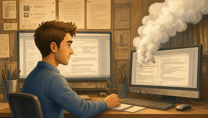 Ragazzo seduto al tavolo, circondato da molte schermate con codice, mentre dal computer si leva una colonna di fumo. (Testo sottoscritto da un'IA)