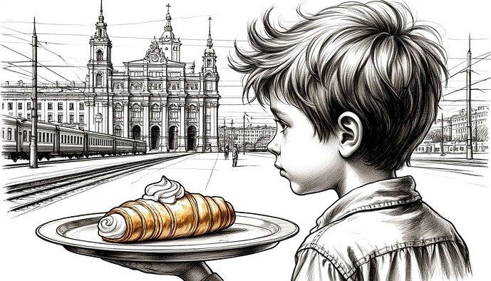 Ragazzo con sguardo pensieroso tiene un vassoio con un croissant, osservando un treno che si avvicina davanti a un imponente edificio. (Didascalia generata dall’AI)