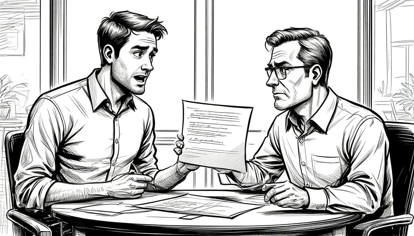 Dois homens estão sentados à mesa, um deles mostra um documento para o outro com uma expressão de surpresa. (Legenda da imagem por IA)