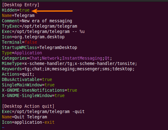 The desktop entry configuration file for the Telegram application is shown, indicating that it is hidden from users. (Image caption by AI)